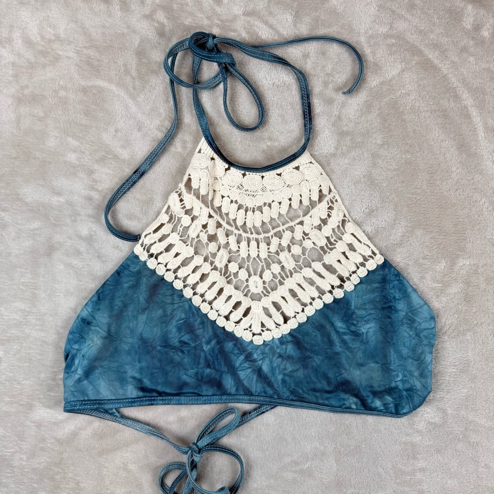Boho Crochet Lace Halter Tie Dye Bikini Top Merrilee’s Festival Swim Size M